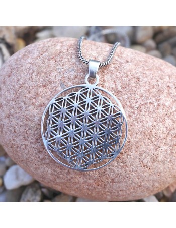Colgante plateado con diseño flor de la vida.