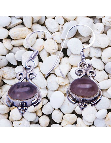Pendientes de Plata y Cuarzo Rosa - Artesanía de Plata Hecha a Mano en India