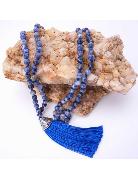 Japa Mala de 108 Cuentas de Sodalita con Elegante Pieza Central de Plata Alemana