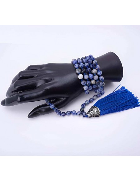 Japa Mala de 108 Cuentas de Sodalita con Elegante Pieza Central de Plata Alemana