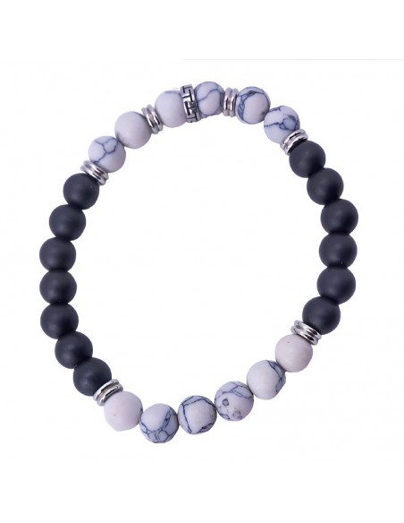 Pulsera de acero con cuentas de howlita y piedra volcánica para hombre: Equilibrio y protección