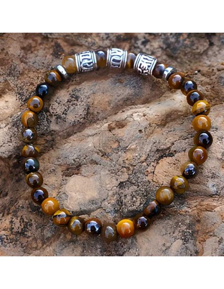 Pulsera con Cuentas de Ojo de Tigre y Dijes Tibetanos