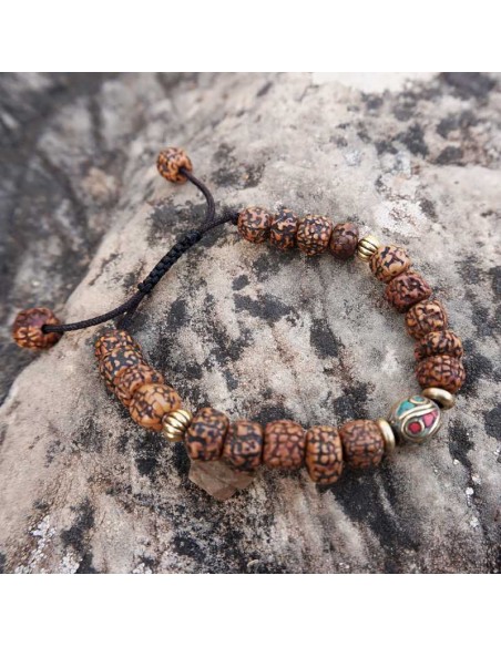 Pulsera Mala Tibetana Artesanal con Semillas de Rudraksha y Dijes Tibetanos