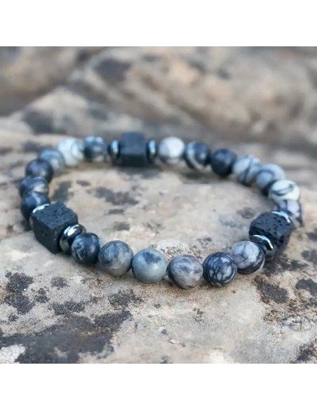 Pulsera de Jaspe Mapeado, Piedra de Lava y Hematita
