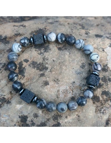 Pulsera de Jaspe Mapeado, Piedra de Lava y Hematita