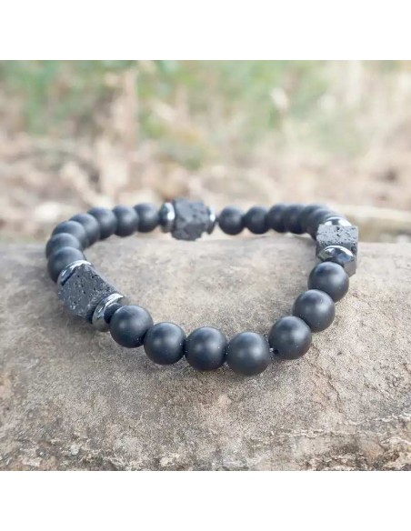 Pulsera hombre con cuentas de Ónix Pulido y piedra de lava
