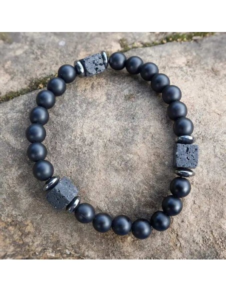 Pulsera hombre con cuentas de Ónix Pulido y piedra de lava