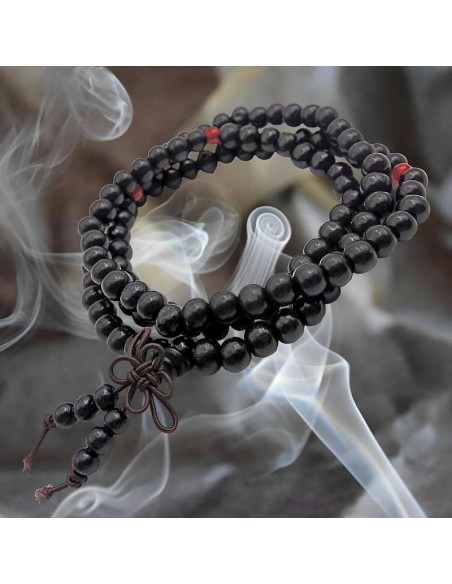 Japa Mala de Madera con 108 Cuentas y Nudo Tibetano - Pulsera de Cuatro Vueltas con Cordón Elástico Ajustable