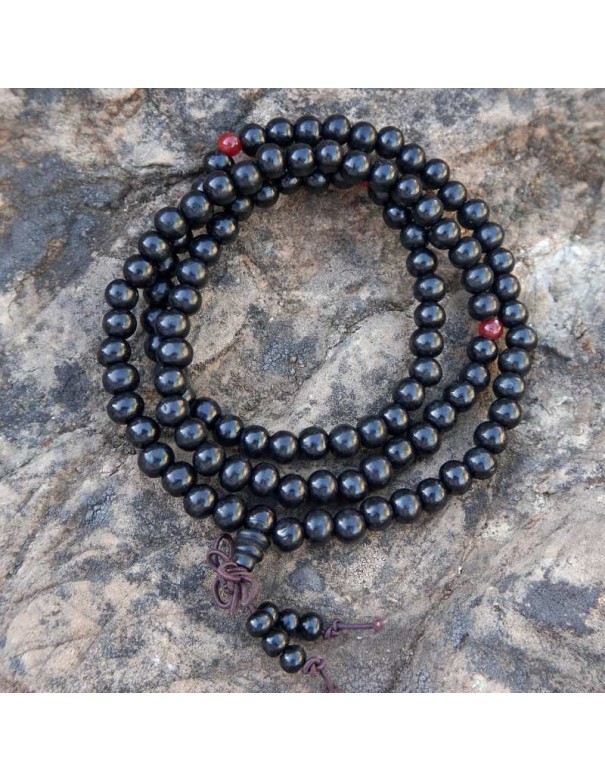 Japa Mala de Madera con 108 Cuentas y Nudo Tibetano - Pulsera de Cuatro Vueltas con Cordón Elástico Ajustable