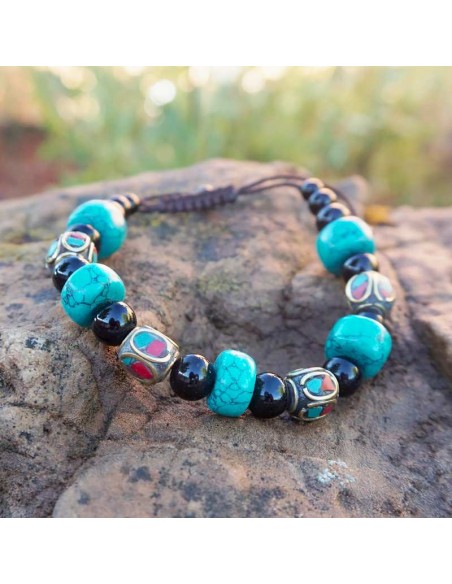 Pulsera Tibetana de Turquesa y Obsidiana: Equilibrio y Protección