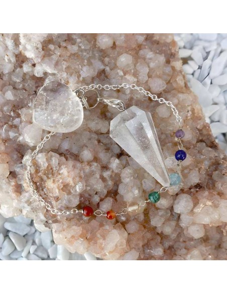 Péndulo de Cristal de Roca con Cadena de Minerales de los 7 Chakras - Armoniza tu Energía