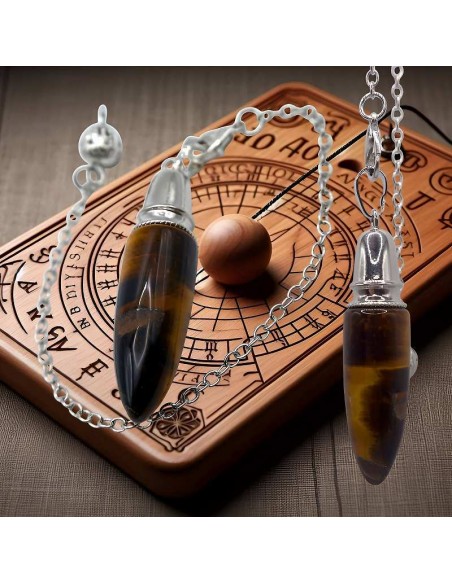 Péndulo de Ojo de Tigre con Cadena de Acero – Alineación de Chakras y Radiestesia