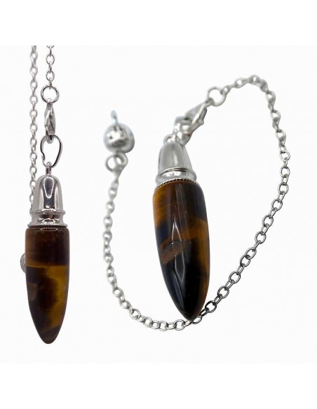 Péndulo de Ojo de Tigre con Cadena de Acero – Alineación de Chakras y Radiestesia