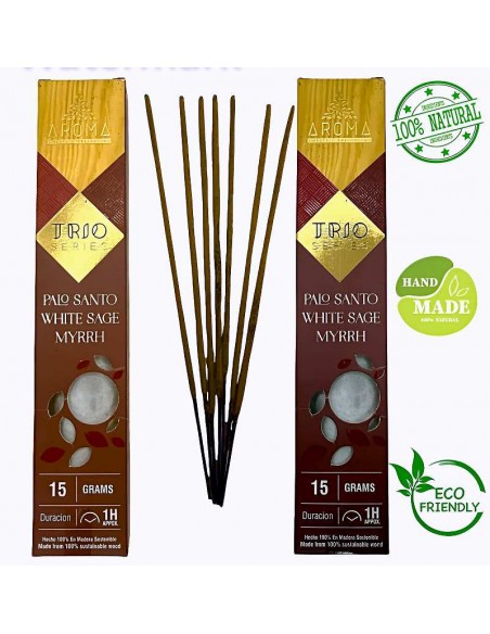 Incienso TRÍO Palo Santo, Salvia Blanca y Mirra – Limpieza Energética y Bienestar