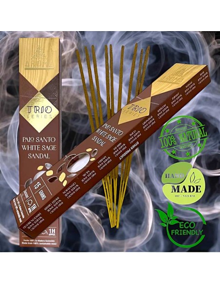 Incienso TRÍO Palo Santo, Salvia Blanca y Sándalo – Sinergia de Aromas para Equilibrar tu Energía
