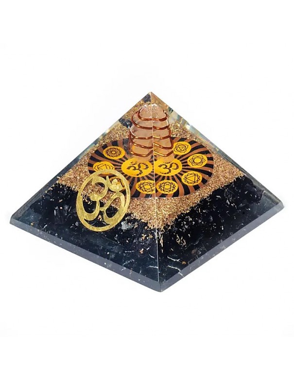 Pirámide Orgonita con Turmalina Negra, Símbolo OM y Chakras – Protección energética