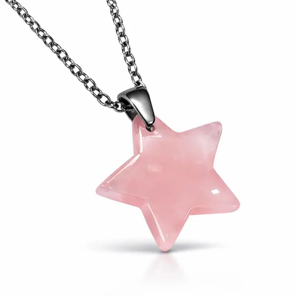Colgante Estrella de Cuarzo Rosa con Cadena de Acero Inoxidable