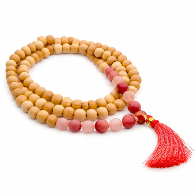 Japa mala de 108 cuentas hecha con tulsi, thulita y cuarzo rosa 2