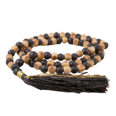 Mala Tulsi: 108 Cuentas de madera y piedra volcánica