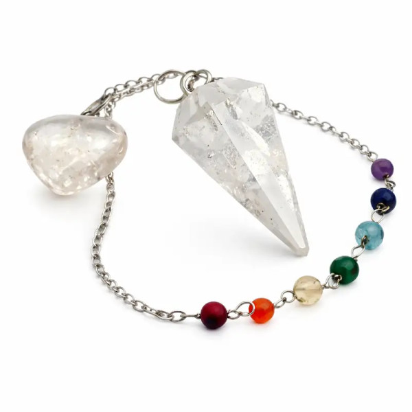 Péndulo de Cristal de Roca con Cadena de Minerales de los 7 Chakras.