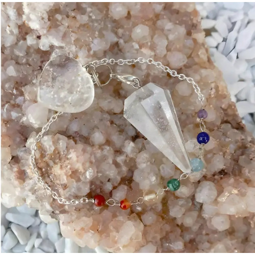 Péndulo de Cristal de Roca con Cadena de Minerales de los 7 Chakras.