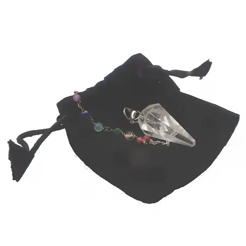 Péndulo de Cristal de Roca con Cadena de Minerales de los 7 Chakras.