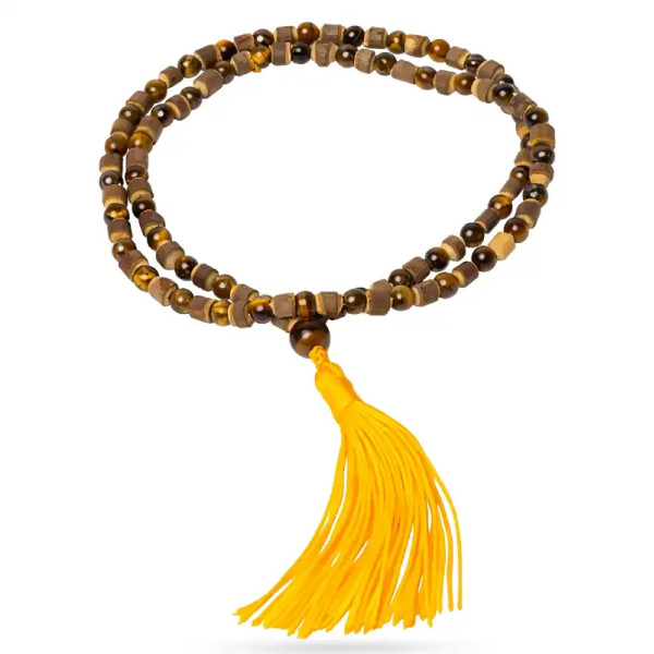 Japa Mala de Ojo de Tigre y madera de Tulsi – Energía Sagrada