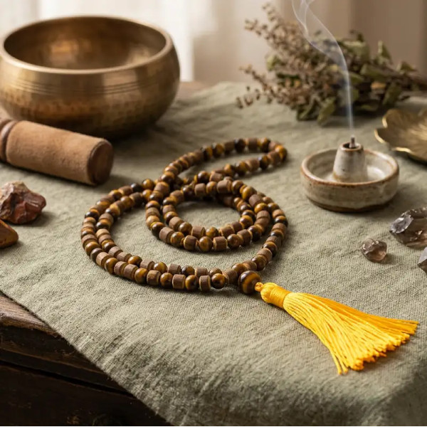 Japa Mala de Ojo de Tigre y madera de Tulsi – Energía Sagrada