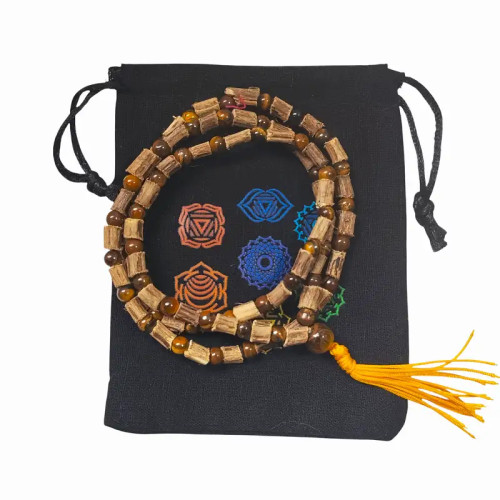Japa Mala de Ojo de Tigre y madera de Tulsi – Energía Sagrada