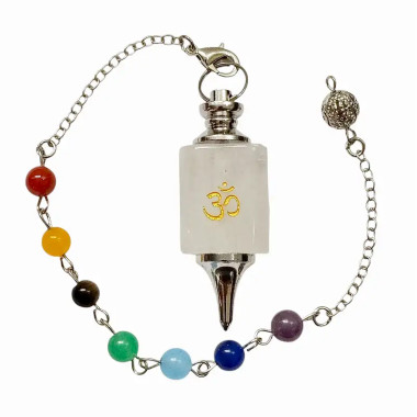 Péndulo de Cuarzo Blanco con Símbolo Om y Chakras – Pureza y Claridad
