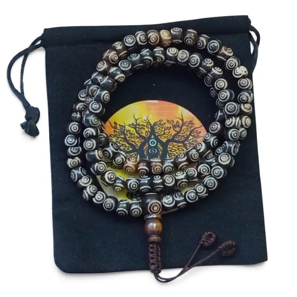 Japa Mala de Hueso Blanco y Negro – 108 Cuentas + Cuenta Gurú