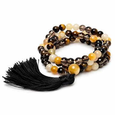 Japa Mala de Jaspe Amarillo, Ojo de Tigre y Cuarzo Ahumado